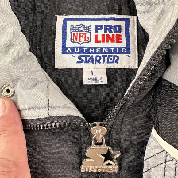 VTG Raiders Starter Jacket Mens Large Black Gray Striped 1/4 Zip Pro Line Puffer - Picture 3 of 8